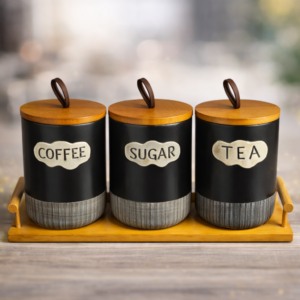 Ceramic Coffee Tea And Sugar Holder Set With Bamboo Tray